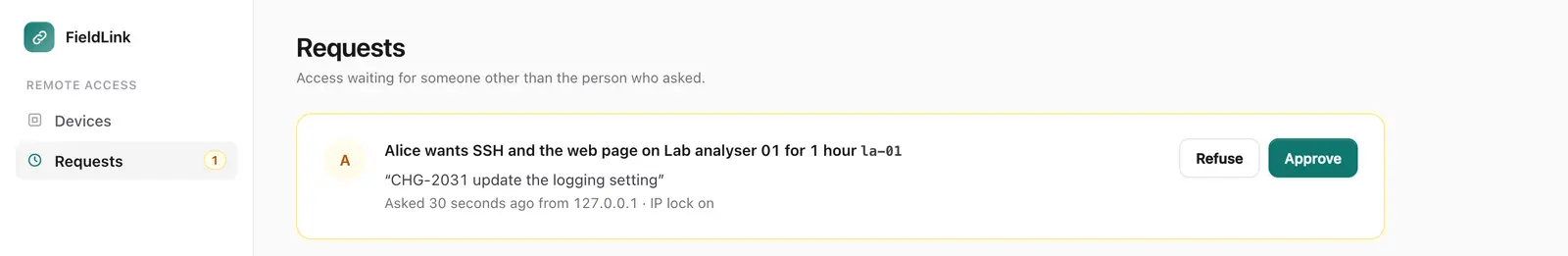 The Requests page: Alice asks for SSH and the web page on Lab analyser 01 for one hour, with a reason, and Bob can approve or refuse.